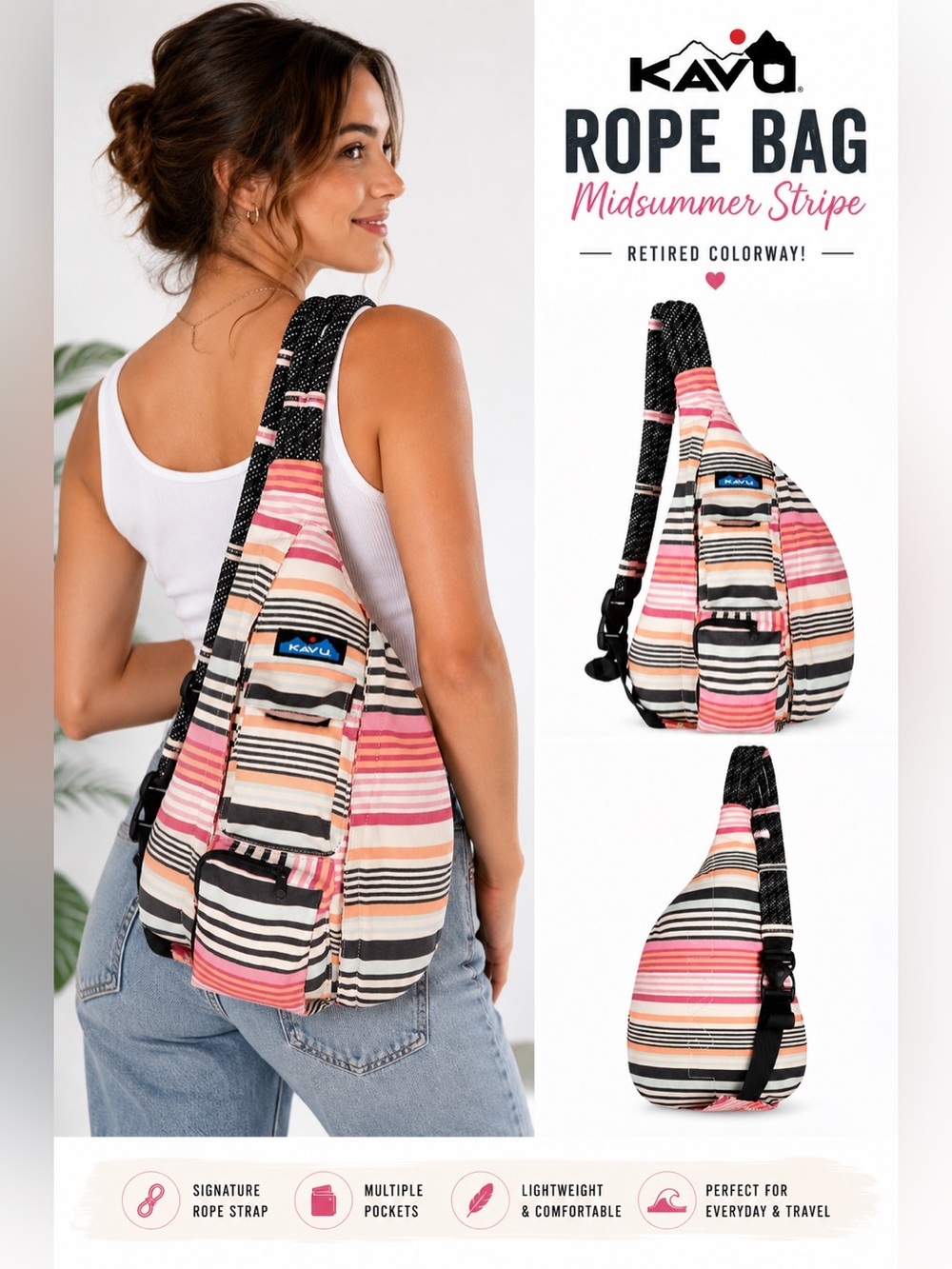 KAVU Rope Bag Midsummer Stripe Retired Crossbody Sling Backpack Cotton Canvas